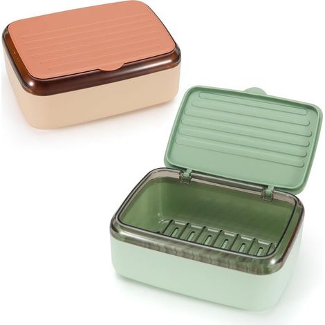 Porte-savon avec plateau de drainage et couvercle, 2 couches amovible Grande boîte à savon étanche pour douche salle de bain lavabo rose vert 2 pack (1/5)