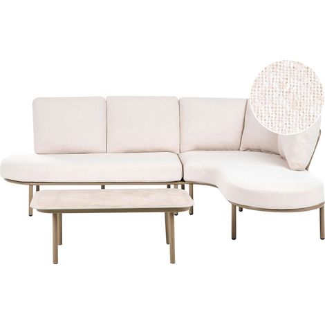 Ensemble de Jardin Moderne Structure en Aluminium Canapé 4 Places Table Basse Plateau Ovale en Métal Coussins Marron et Beige Clair Pollina (1/5)