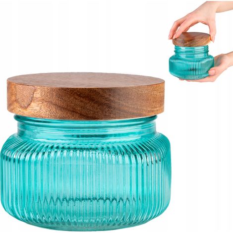 Glasgefäß mit Holzdeckel / türkis 0,5 l