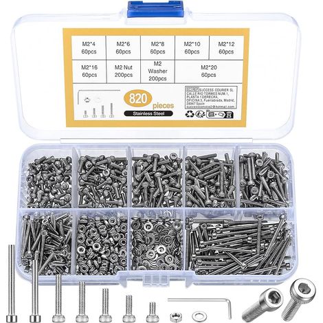 Ensemble de 820 vis à six pans creux M2, vis à tête cylindrique en acier inoxydable 304 avec écrous et rondelles assortis, clés Allen incluses (1/5)