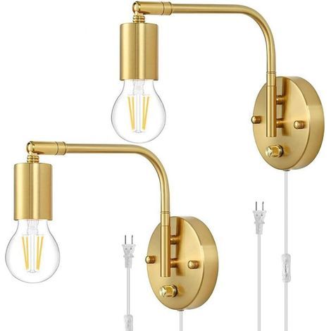 Applique murale E27 avec Interrupteur et Prise,Lampe Murale Réglable en Or et Métal, Lampe de Chevet Lampe de Lecture avec Câble, Lampe Rétro Industrielle Intérieur pour Salon, Chambre, Bureau,2pack [ (1/4)