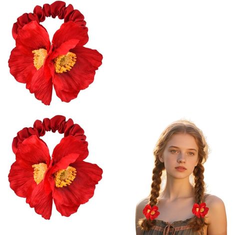 Deux chouchous satin motif coquelicot rouge, accessoire cheveux féminin adapté mariage et sortie plage, jolie idée de cadeau (1/5)