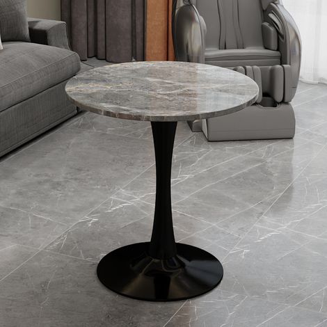 Table basse ronde 70 cm style moderne, plateau gris veiné aspect marbre, base noire REDOM (1/5)