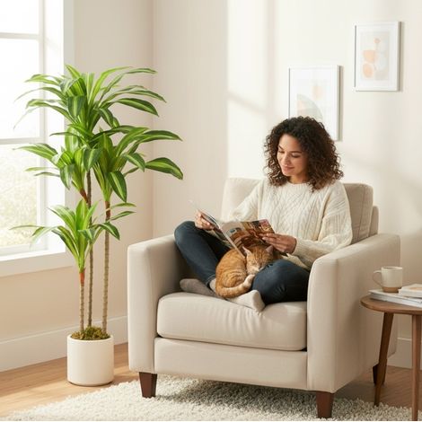Dracena artificiale 120 cm verde con tronchi flessibili e vaso bianco zavorrato (1/5)