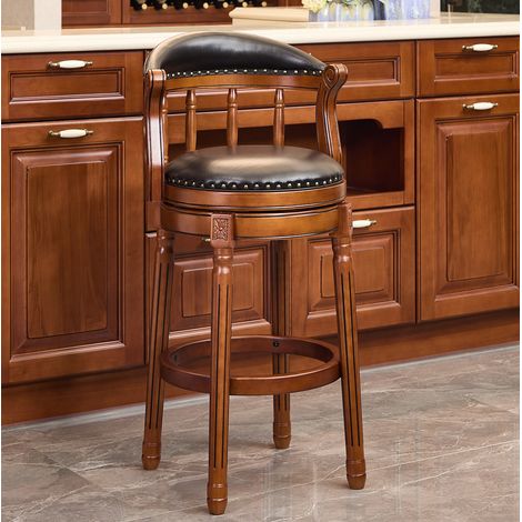 Taburete de bar giratorio de cuero y madera, altura del asiento 29,5 pulgadas, negro DESVIAE (1/5)