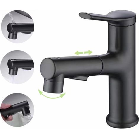 Robinet de lavabo extractible à noyau interne entièrement en cuivre, lavabo de salle de bain noir, robinet rétractable eau chaude/eau froide (1/4)
