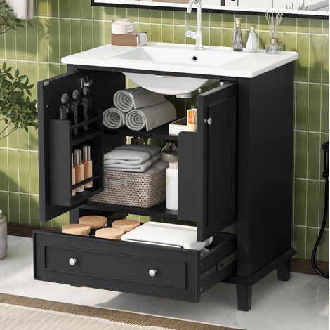 Waschbeckenunterschrank modern mit Keramikwaschbecken, weiß lackiertes MDF, 2 Türen, 1 Schublade, 73x45x87 cm (1/5)