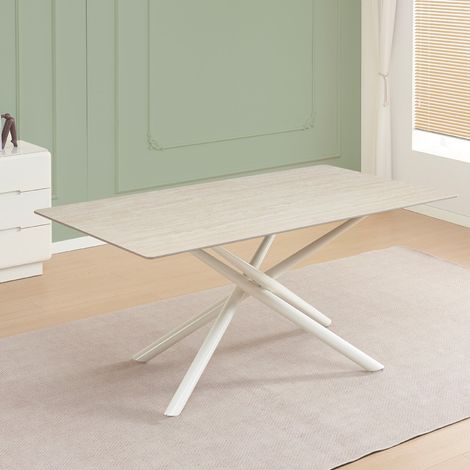 Tavolo fisso Corveo con piano effetto marmo travertino e struttura in metallo bianco stile Shangai 180x90 (1/5)
