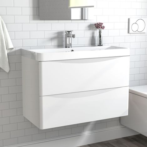 2 Drawers Wall Hung Bathroom Cabinet Vanity Sink Unit with Basin, Gloss White - 800mm (1/5)