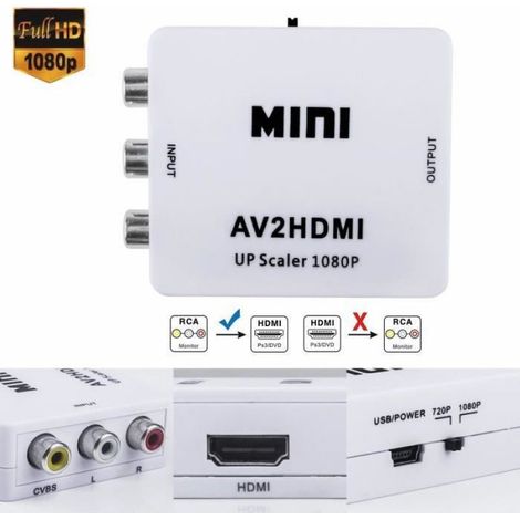 RCA vers HDMI Mini 1080P RCA Composite CVBS AV vers HDMI Adaptateur Audio Video Convertisseur Soutien PAL,NTSC3.58, NTSC4.43 (1/4)