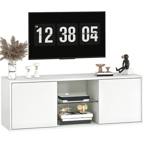 Meuble TV mobile blanc jusqu'à 55 pouces avec portes à fermeture douce, passe-câbles et étagère en verre, design suspendu ou au sol (1/5)