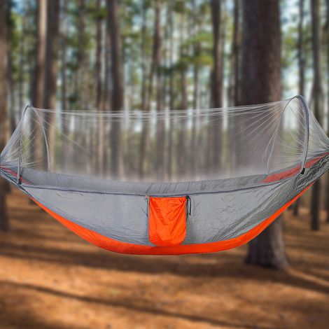 Hamac de voyage portable double pour le camping, lit suspendu avec moustiquaire (gris orange) (1/5)