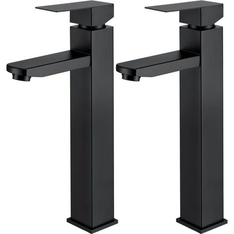 2 x schwarzer Badezimmer-Wasserhahn, hoher Waschtisch-Wasserhahn, Waschtischmischer mit quadratischem Griff, abnehmbarer Handwaschhahn aus Edelstahl