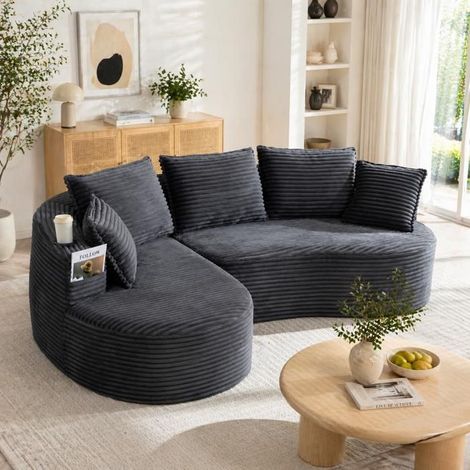 Canapé revêtement en cord toucher doux matière respirante porte-gobelet et poche de rangement mousse haute densité coussins inclus (1/5)