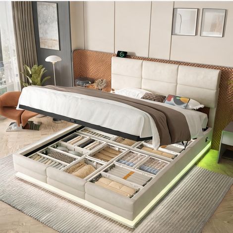 Cadre de lit en velours beige 180 x 200 cm avec tête réglable (1/5)
