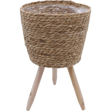 Blumenständer aus Stroh innen mit Folie - 35 x 23 cm - Rattan Pflanzenständer mit 3 Holz Beinen - Deko Blumentopf Pflanztopf mit Füßen für Zimmerpflanzen