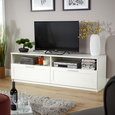 White TV Floor Stand with 2 Drawers Modern Media Console for Living Room Storage (1/5)
