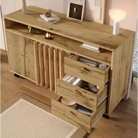 Credenza 3 cassetti e 2 ante con ripiano aperto, 120 x 40 x 85 cm, rovere scuro (1/5)