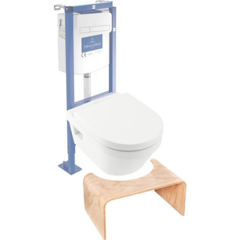 Pack inodoro suspendido VILLEROY ET BOCH Architectura 37x53 sin reborde + asiento + placa blanca + estructura + taburete de madera