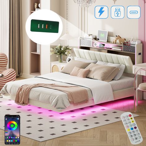 Letto matrimoniale 140x200 cm, con illuminazione LED, testata con contenitore, ricarica USB-A/C, rete a doghe in legno, struttura in metallo, letto capitonné in lino - Beige