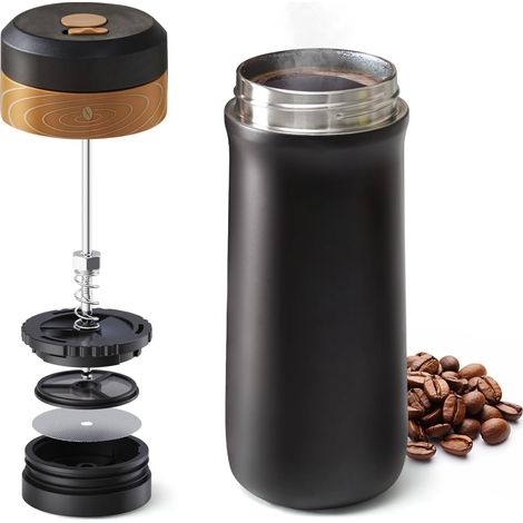Cafetière à piston portable de voyage, avec filtre à deux couches, en acier inoxydable à double paroi et isolation sous vide. Idéale pour le café, le thé et les voyages. Parfaite pour le bureau et les