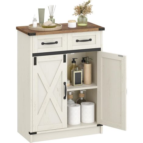 Mobile da Bagno, Mobiletto da Bagno con 2 Cassetti e 2 Ante, Mobiletto da Cucina, Ripiano Regolabile, Bianco Rustico e Noce Medio (1/5)