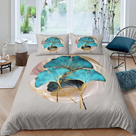 Ginkgo Feuilles Sets de Housse de Couette Marble Ginkgo Biloba Parure de Lit 220x240cm pour Enfants Garçons Filles Botanique Housse de Couette Grey Gold avec 2 taies d'oreiller (1/4)
