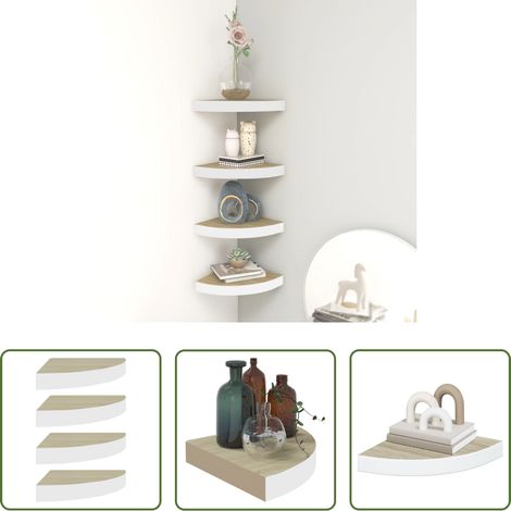 Wandregal - Eck-Schweberegale 4 Stk. Eichen-Optik und Weiß 25x25x3,8 cm MDF (1/5)