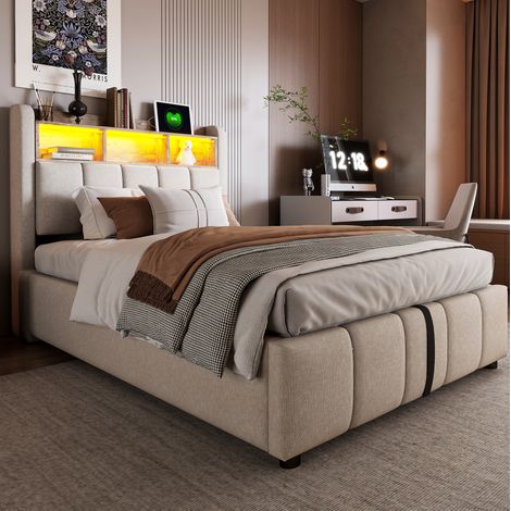 Cama canapé 90 x 200 cm con LED, USB y almacenamiento, beige HAVRYA (1/5)