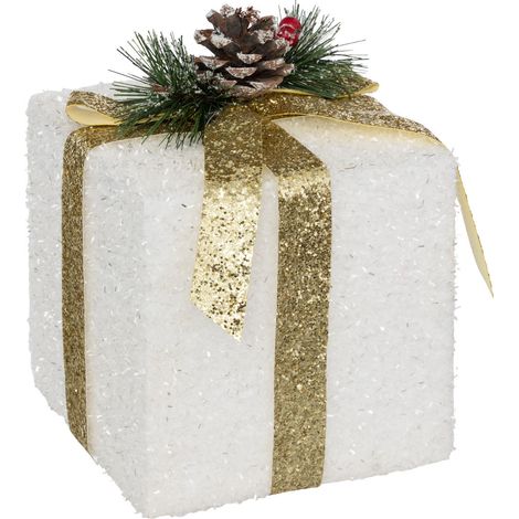 Déco de Noël Paquet Cadeau Blanc et Doré 15 x 15 x 20 cm - Feeric Christmas
