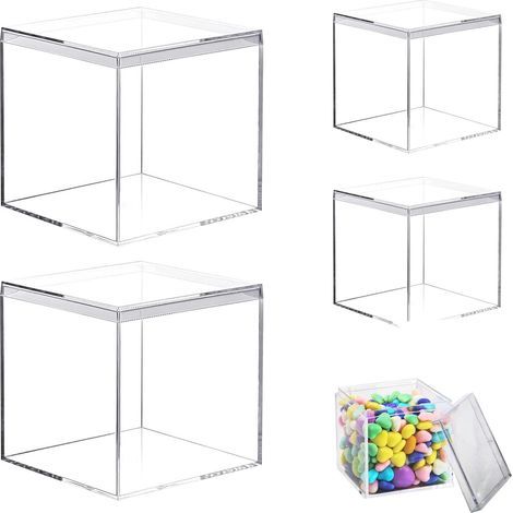 Petites Boîtes en Acrylique Avec Couvercle, 4 Pièces Boîtes Carrées en Acrylique Transparentes, Petite Boîte Carrée Transparente en Acryliques, pour Ranger des Bonbons, Bijoux (2 Tailles, 8CM+10CM) (1/5)