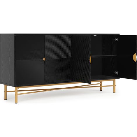 Buffet 160 cm avec quatre portes, poignées brossées dorées et pieds laqués noirs (1/5)