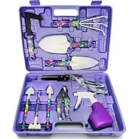Outils de jardin, ensemble de dix scarificateurs violets, râteau, pelle, ciseaux, arrosoir, outils de jardin