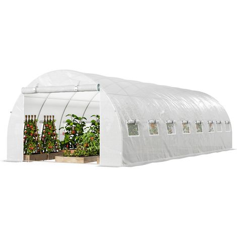 Serre de jardin tunnel 24m² 8L x 3l x 2H m - 16 fenêtres, Porte zippée enroulable acier galvanisé, bâche PE, Blanc (1/5)
