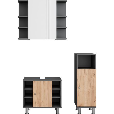 Armadio a specchio per il bagno Fynn, Antracite/Rovere dorato, 3 pezzi con unità midi, Vicco (1/5)