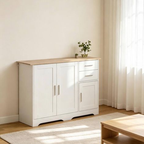 Aparador 100/40/78 cm blanco y madera natural con 2 cajones y estante regulable (1/5)