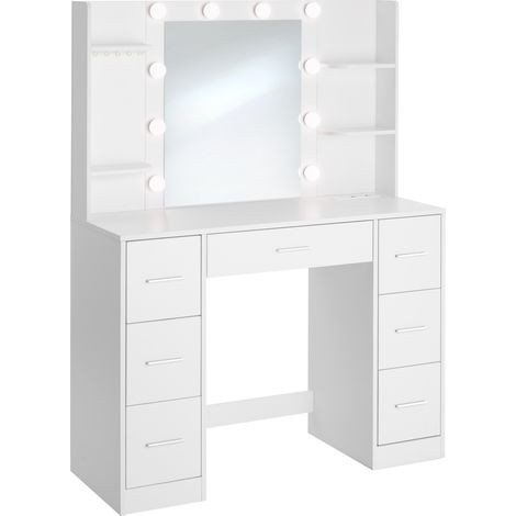 Coiffeuse, miroir led, station de recharge, 7 tiroirs, blanc (1/5)