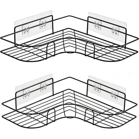 Juego de dos estantes esquineros de acero inoxidable con ganchos y soporte para pasta de dientes, ideales para el baño. (1/5)