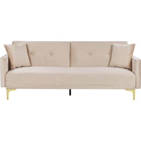 Sofá cama con asiento abotonado de terciopelo beige de 3 plazas sala de estar tradicional mecanismo de click clack Lucan (1/5)