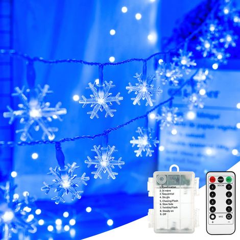 Guirlande lumineuse de Noël LED bleue en forme de flocon de neige, à piles et avec télécommande (1/5)