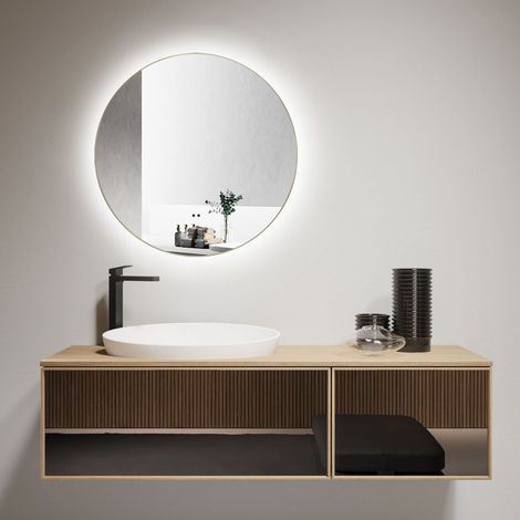 TALOS LED Badspiegel Rund VERONA Shine in matt Gold Ø50 cm - Spiegel mit Hand Wave Sensor Funktion - feuchtraumgeeignet durch Aluminiumrahmen
