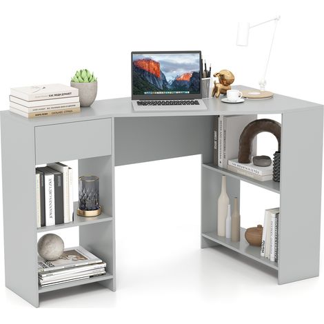 COSTWAY L-Shaped Computer Desk Compact Corner Executive Desk w/Storage-Grey