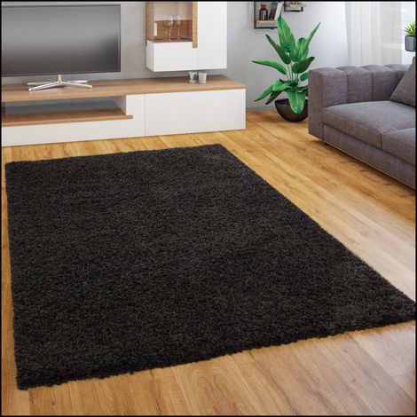 Paco Home Tapis Salon Chambre Adulte Poil Long Shaggy Pelucheux Uni Moderne Moelleux 80 cm rond, Noir (1/5)