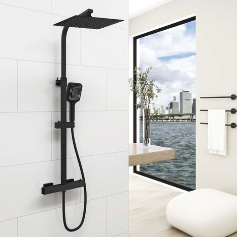 Aica Columna de Ducha Termost�tica 38�C Alcachofa de Ducha 30x30cm para Bao, Barra Ajustable Negro Mate