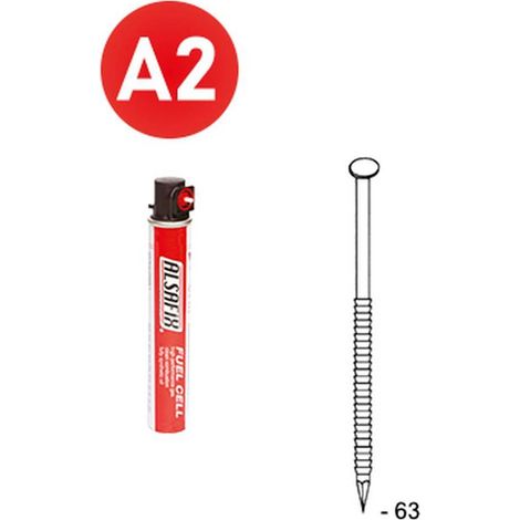 2 200 Pointes Annelées Inox en Bande 34° (Pack) - 2.8x63 mm + 2 Cartouches de Gaz Rouge - D-Work