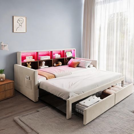 Cadre de lit beige en velours 204 x 104 x 96 cm (1/5)
