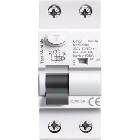 Interrupteur Différentiel 63A 30ma Type AC RCCB Disjoncteur Differentiel 63A 230V 2P avec Protection contre les Fuites (GYL9-2P-63A-230V) (1/5)