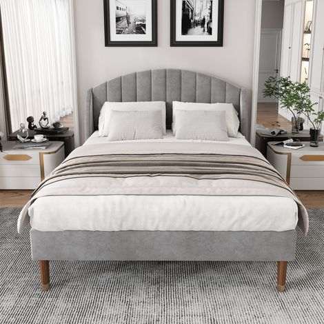 Lit rembourré 160×200cm gris velours,cadre et tête lattes bois,pour jeunesse et adulte,support solide,montage facile et design moderne