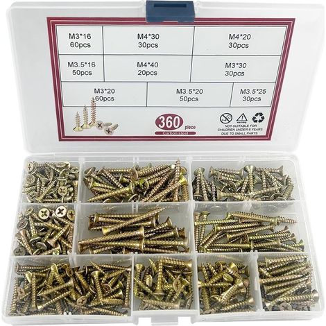 Pack de 360 vis à bois autotaraudeuses – Acier galvanisé jaune – Empreinte cruciforme Pozidriv – Pour matériaux variés – Tailles M3/M3.5/M4 (1/5)