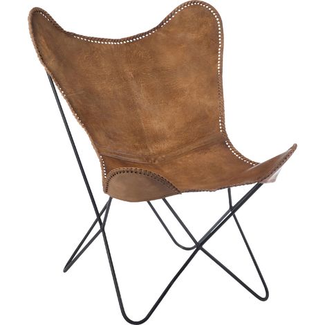 Fauteuil papillon en cuir lisse cognac et métal 75x87x86cm (1/5)